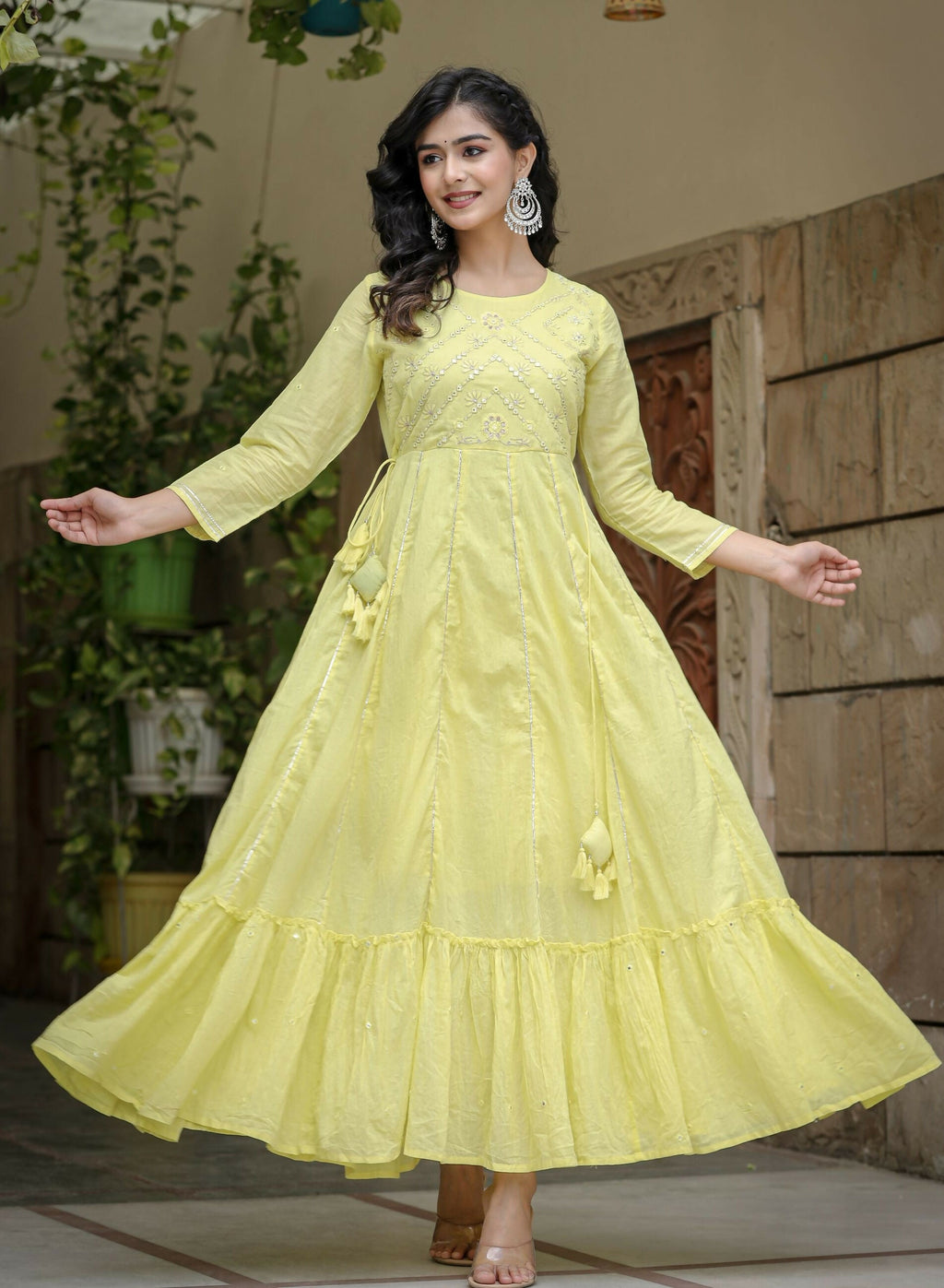 Kaajh Women's Yellow Mirror Embroidered Cotton Dress