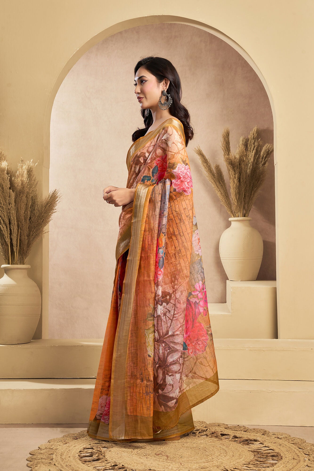 Vastranavya Orange Digital Printed Linen Ready To Wear Designer Saree with Unstitched Blouse