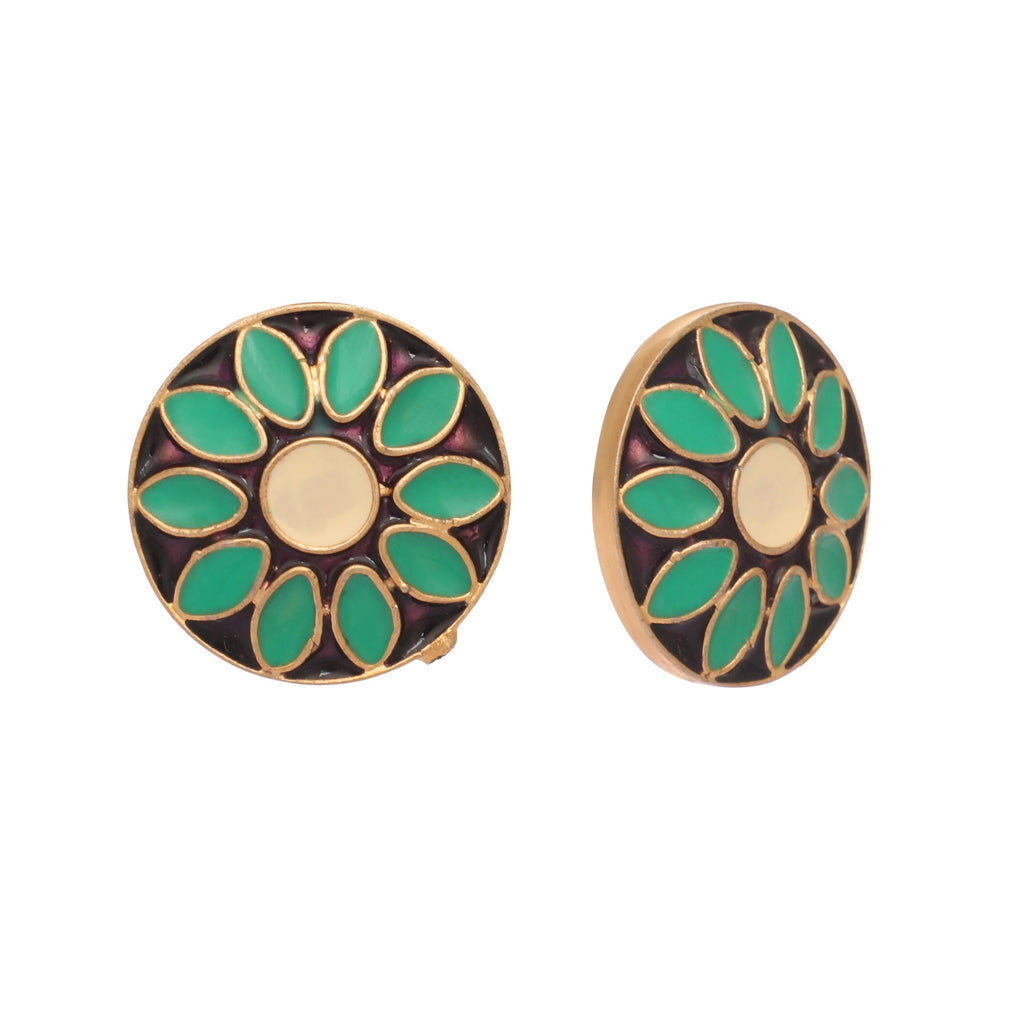 Nuyug 22K Gold Plated Circular Shaped Sea Green Enamelled Floral Motif Studs