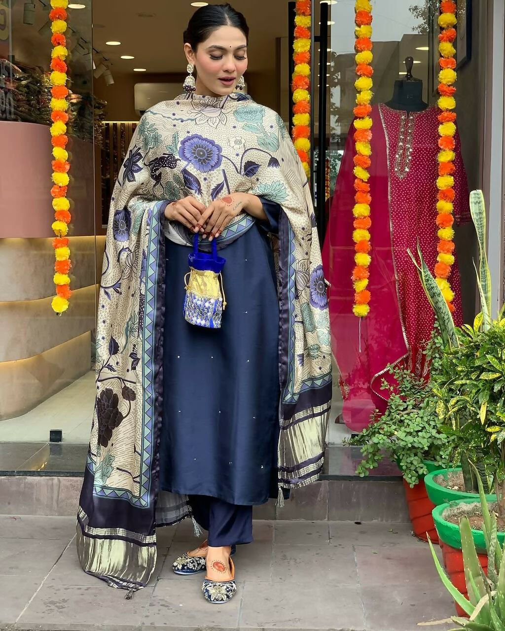 The52 Navy Blue Women's Beautiful Viscose Chanderi Fabric Embroidered Work Straight Kurta Pant and Dupatta Set