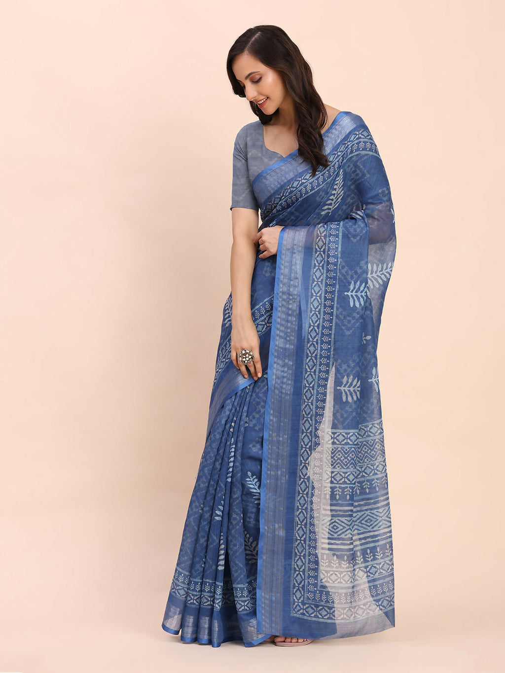 Shree Shyam Fashion Linen Cotton Indigo Blue Saree