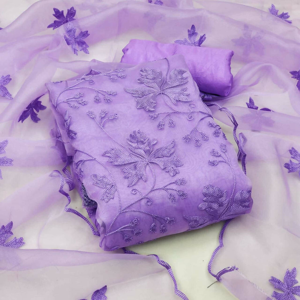 Lavender Heavy Organza Silk Embroidered Unstitched Dress Material - Amara