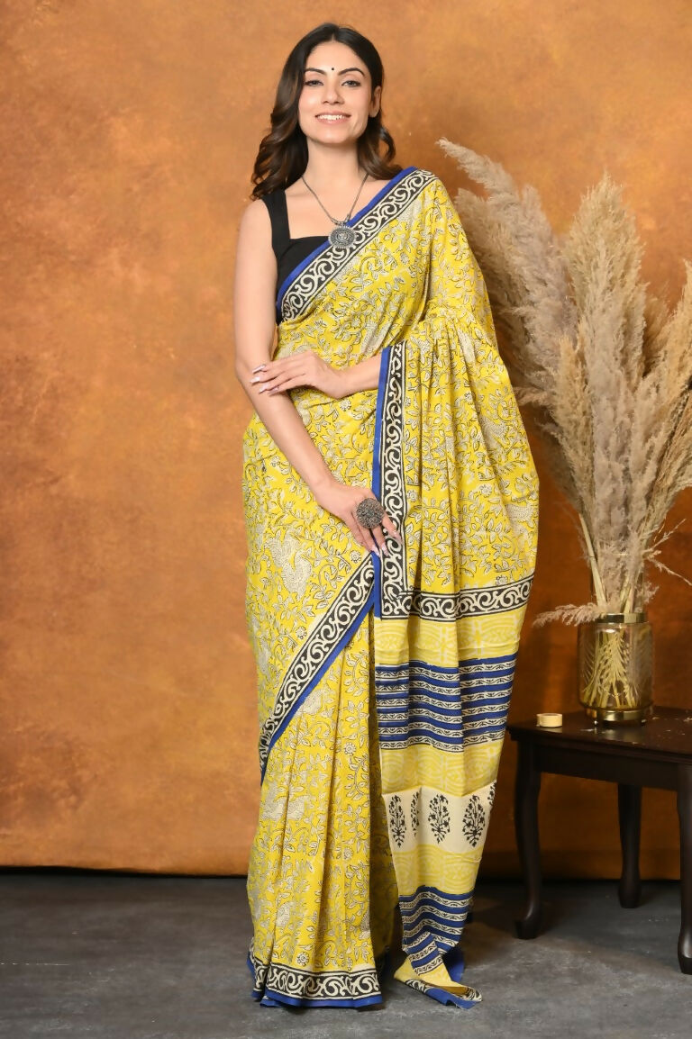 Very Much Indian Handblock Printed Cotton Saree With Natural Dyes - Green