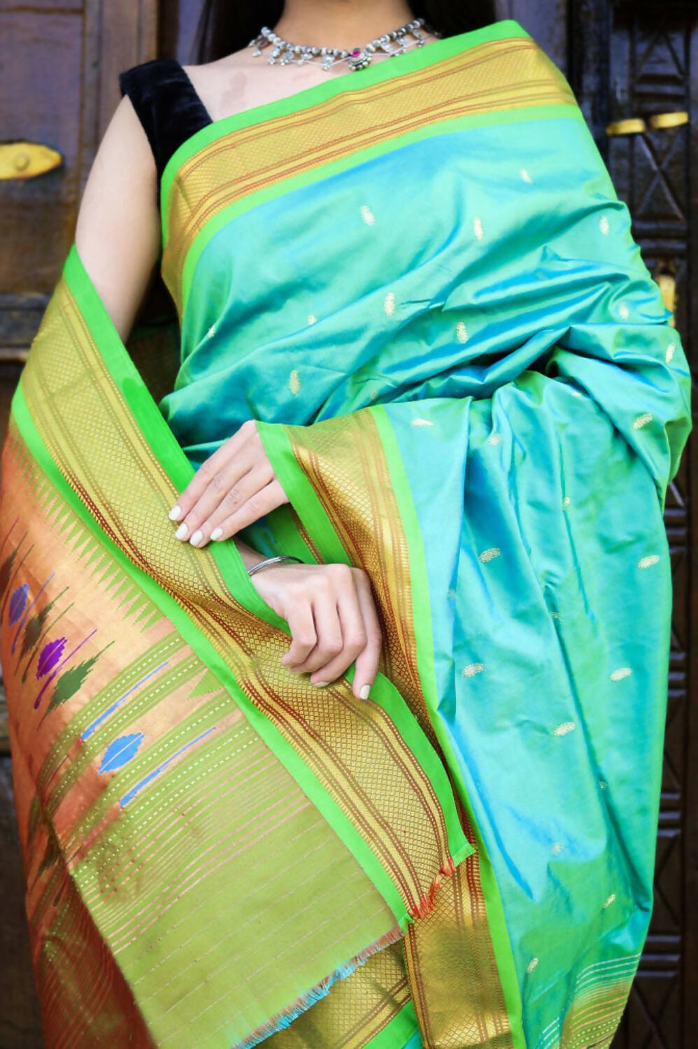 Very Much Indian Pure Silk Handloom Paithani -Dual Tone Blue Green