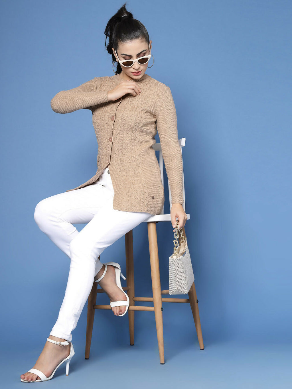Women Self Design Camel Brown Acrylic Winter Cardigan - Wool Trees