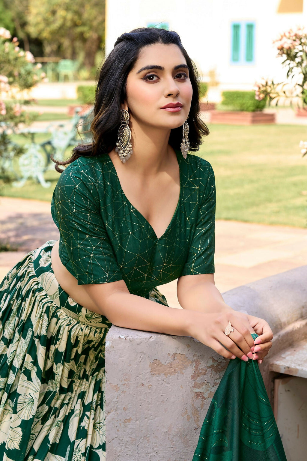 Vastranavya Ethnic Look Tussar Silk Floral Printed With Foil Work Indian Lehenga Choli - Green