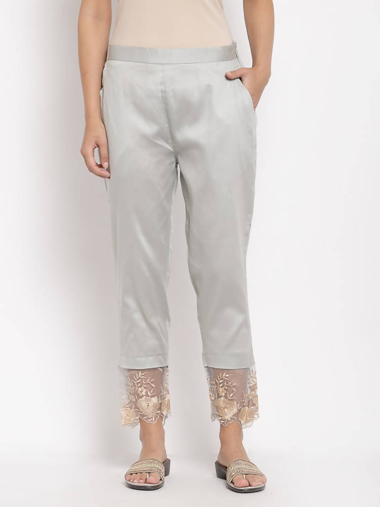 Myshka Women's Grey Cotton Solid Casual Trouser