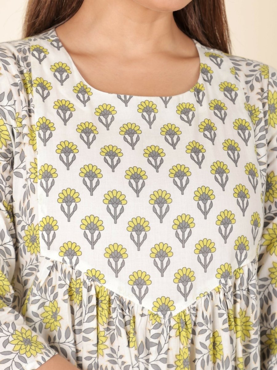 Aramya Yellow Soft Cotton Floral A-line Kurta for Women