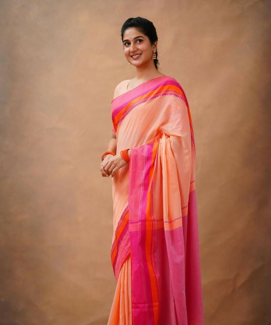 Exclusive Collection Light Orange Beautiful Khadi Cotton Handloom Saree