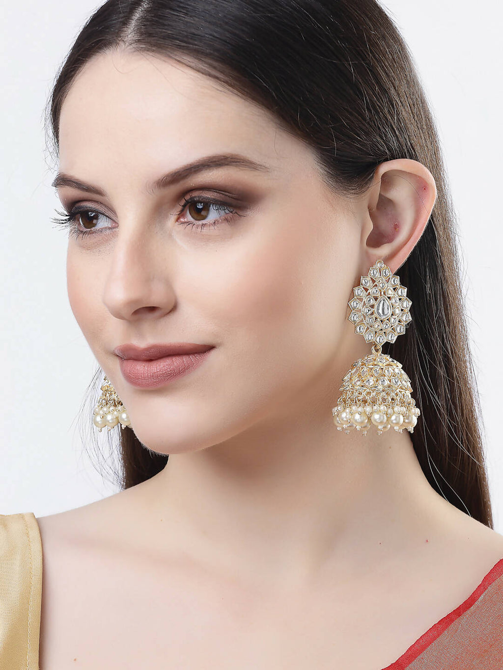 NVR Women Gold-Polished Handcrafted Kundan Jhumka Earrings