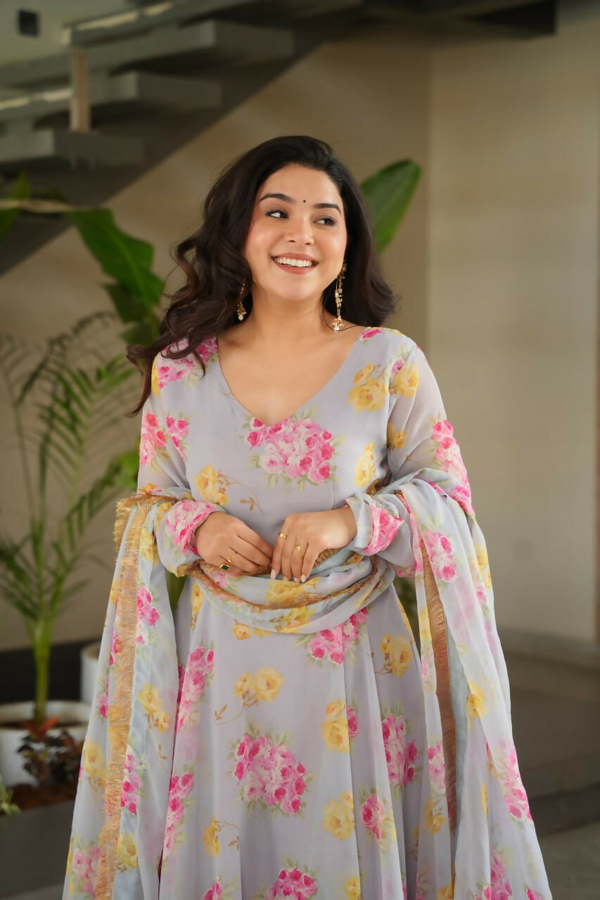 Vastranavya Light Grey Faux Georgette With Rich Flower Digital Print work Gown