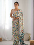 PR Fashion White Multi Georgette Digital Print With Mirror Work Saree