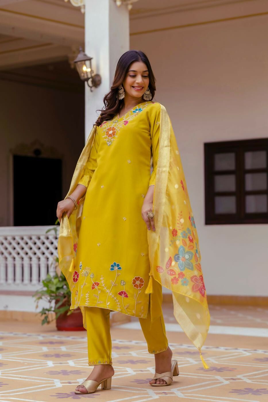 The52 Yellow Women's Gorgeous Embroidered work Viscose Gadhwal Fabric Straight Kurta, Pant and Dupatta Set