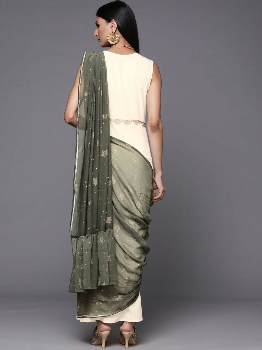 Ahalyaa Off White & Olive Green Ethnic Maxi Dress with Attached Dupatta