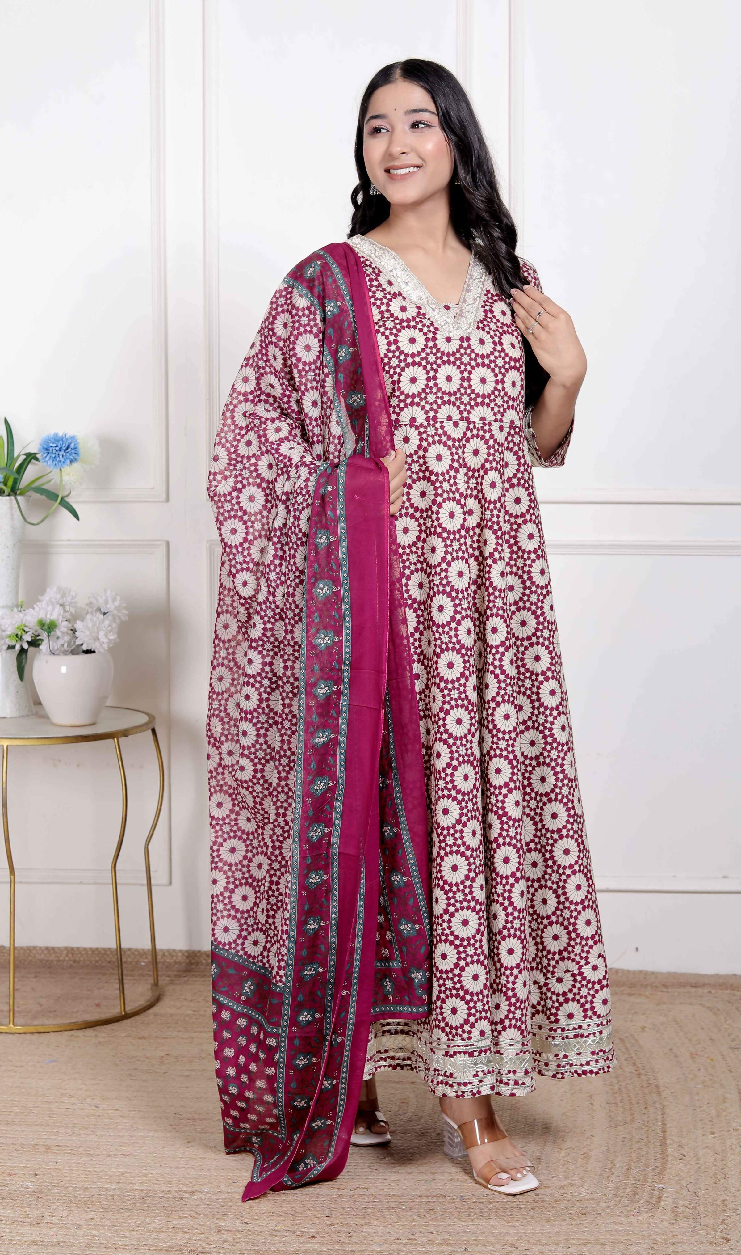 Miravan Women's Cream Embroidered Cotton Anarkali Kurta and Dupatta