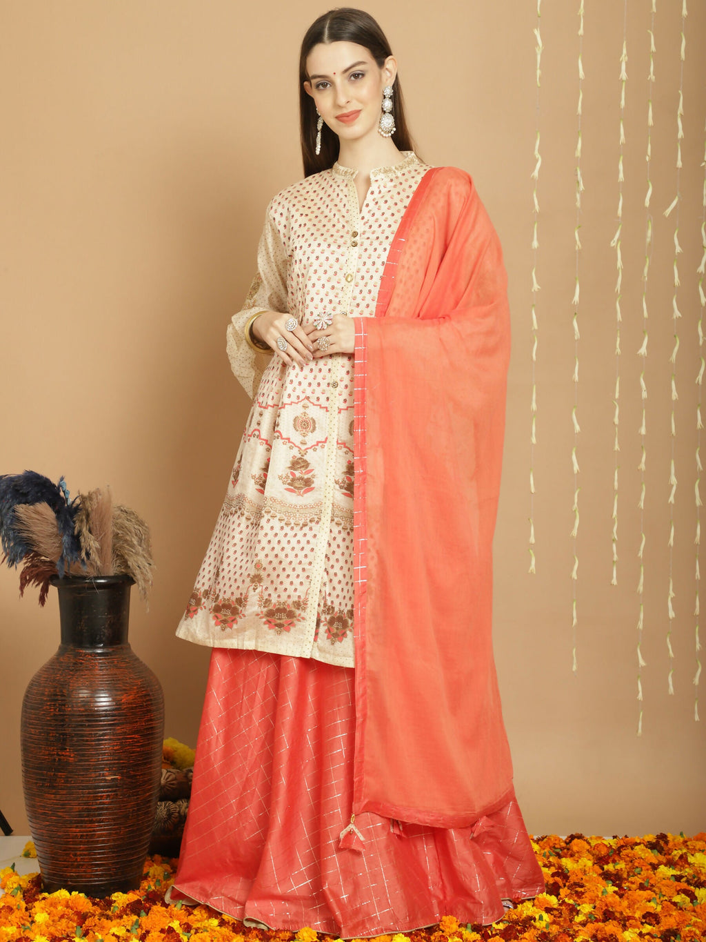Jyoti Fashion Women's Cream Chanderi Silk Elegant Jardoshi Semi Kurta with Trouser & Dupatta
