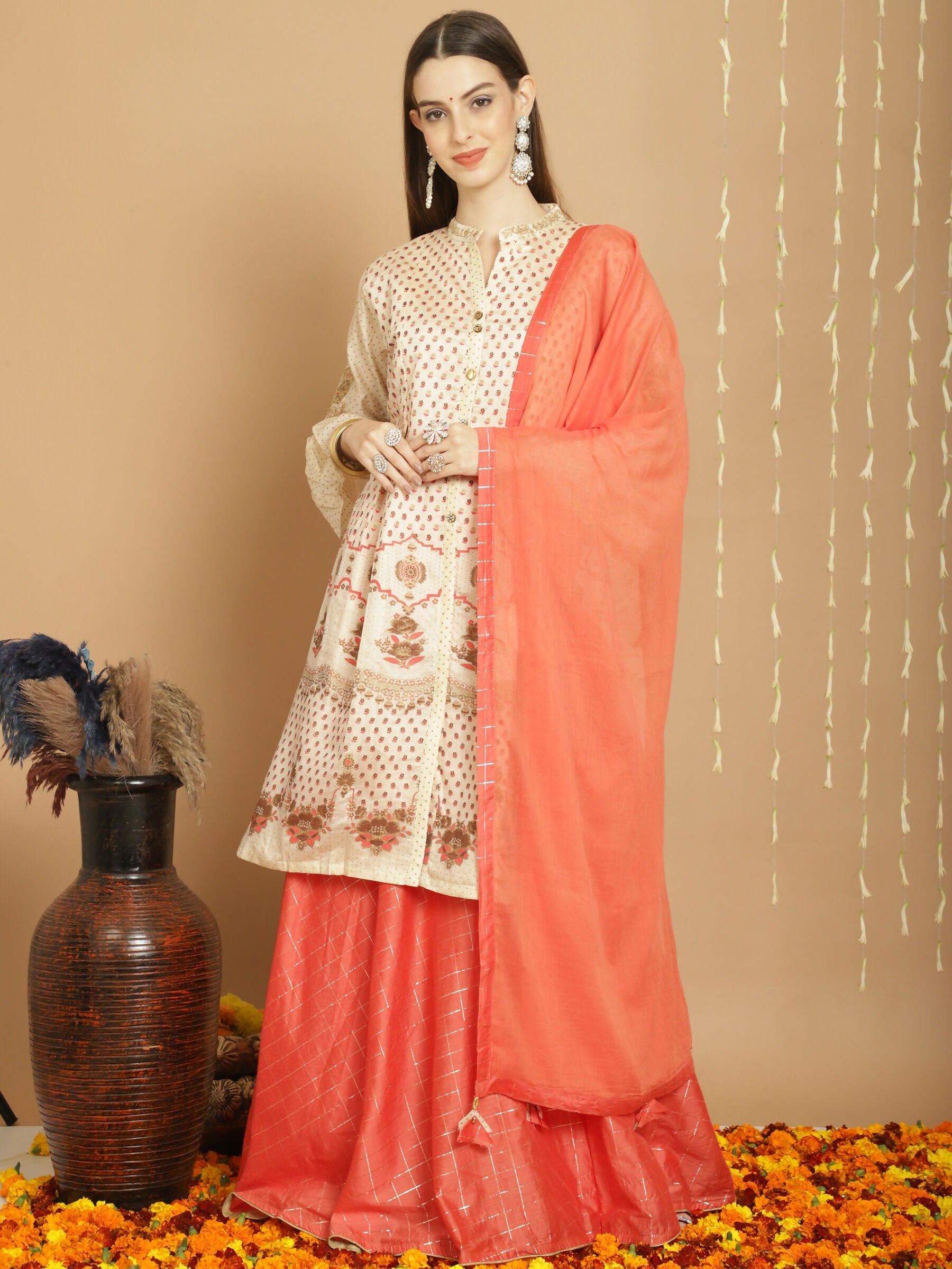 Jyoti Fashion Women's Cream Chanderi Silk Elegant Jardoshi Semi Kurta with Trouser & Dupatta