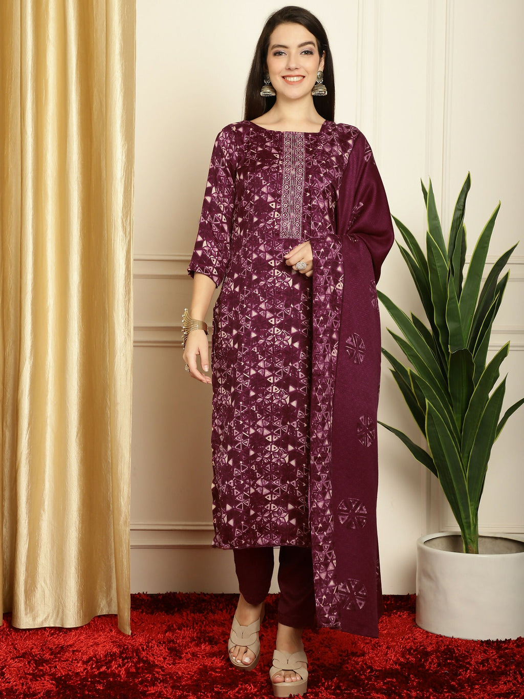 Jyoti Fashion Women's Wine Pashmina Floral Digital Printed Kurta with Trouser & Dupatta