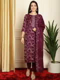 Jyoti Fashion Women's Wine Pashmina Floral Digital Printed Kurta with Trouser & Dupatta