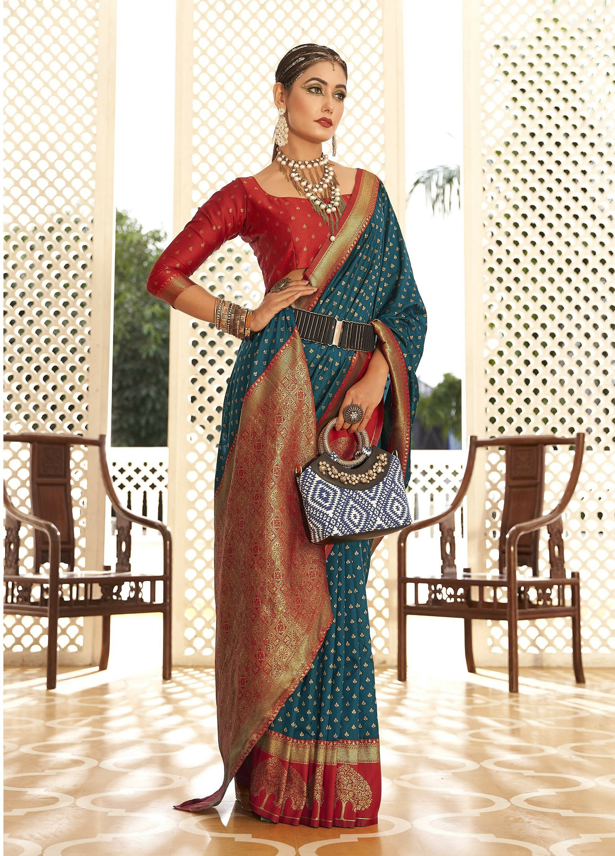 Teal Soft Banarasi Paithani Copper Zari Weaving Saree With Unstitched Blouse Piece - Jodha