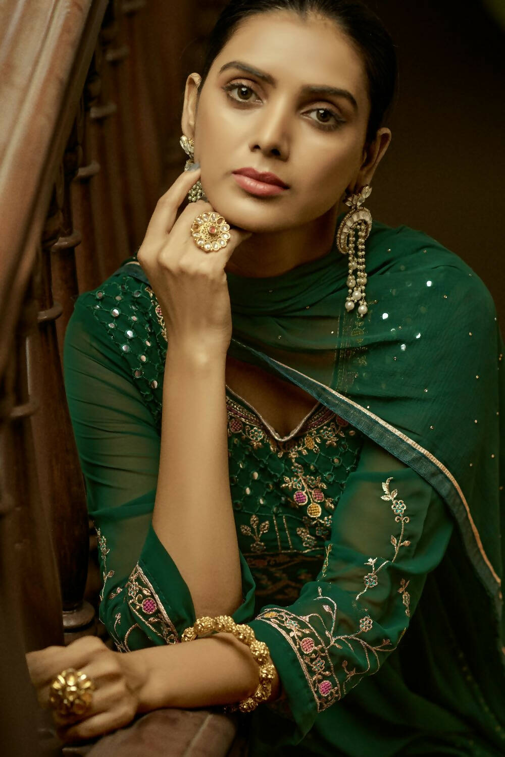 Green Heavy Faux Georgette Anarkali Embroidered Kurta Set - Dhvani