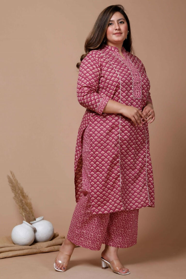 Miravan Women's Plus Size Pink Printed Gota Patti Cotton Kurta With Palazzo