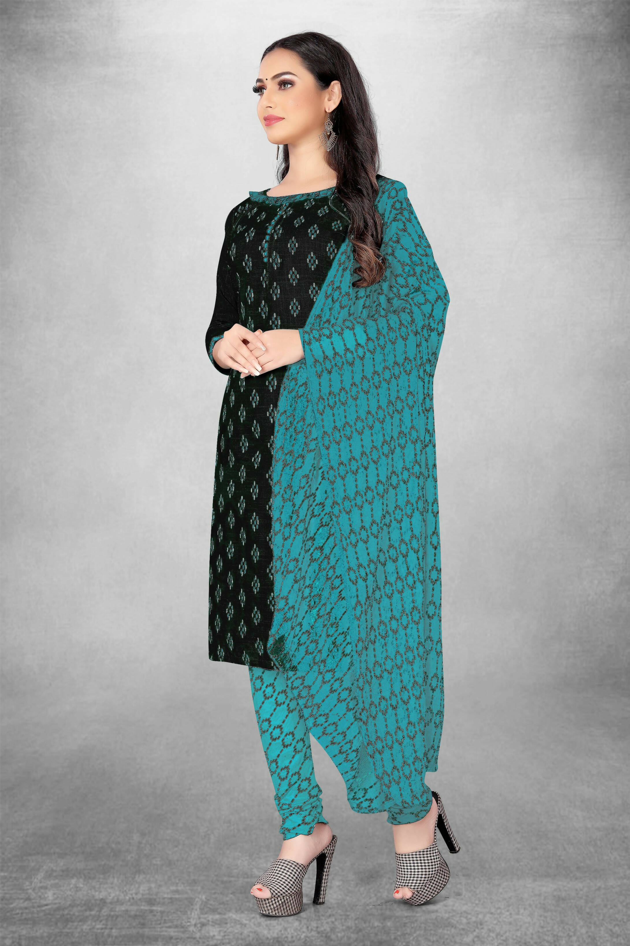 Black Cotton Printed Unstitched Dress Material - Amara