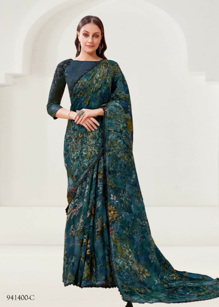 Teal Blue Brasso Cut Daana And Handwork Saree - Norita Nirali