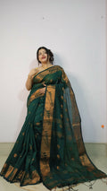 Exclusive Collection Beautiful Dark Green Cotton Silk Woven Handloom Saree With Running Blouse Piece