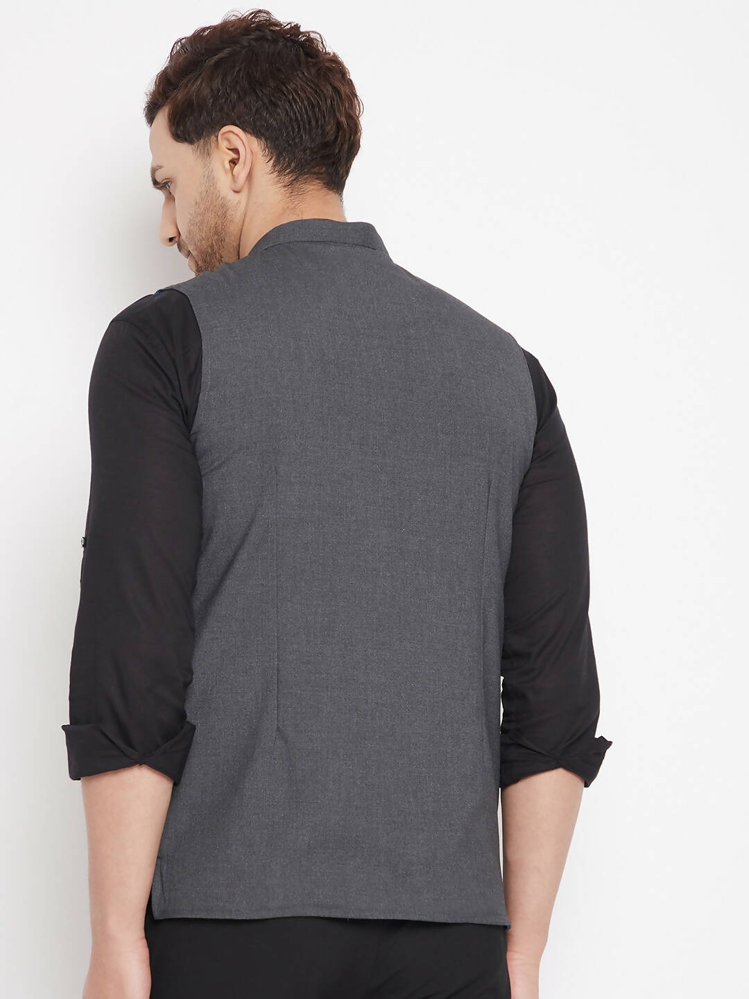 Even Apparels Grey Merino Men's Nehru Jacket-Contrast Lining-Free Pocket Square PW691