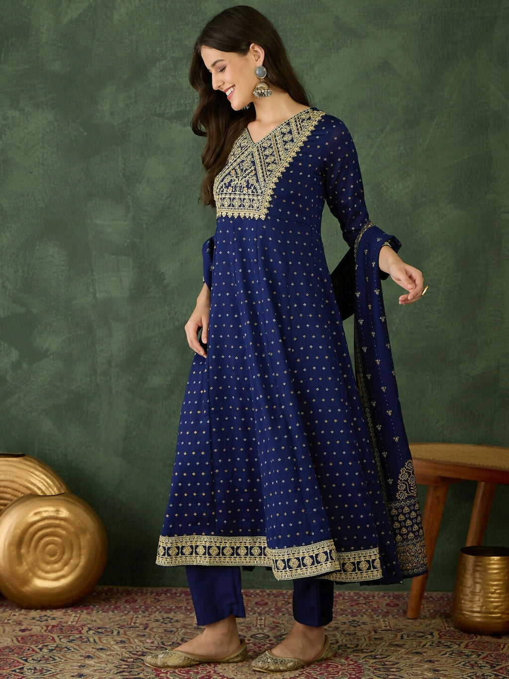 The52 Blue Women's Gorgeous Embroidered Work Vichitra Silk Fabric Flared Kurta Pant and Dupatta Set