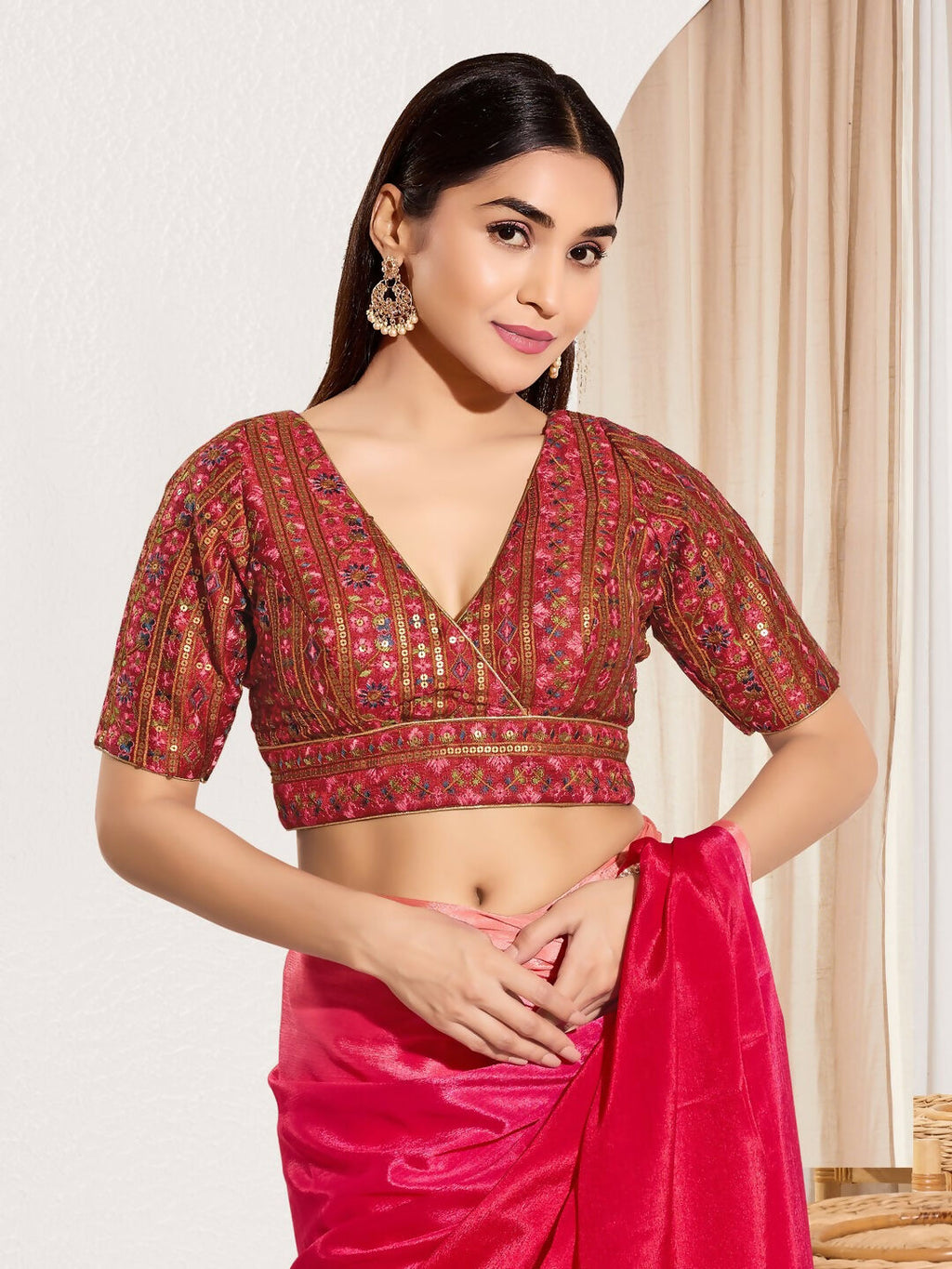 Joban Fashion Maroon Mulberry Silk Padded Blouse With V Neck Elbow Sleeves