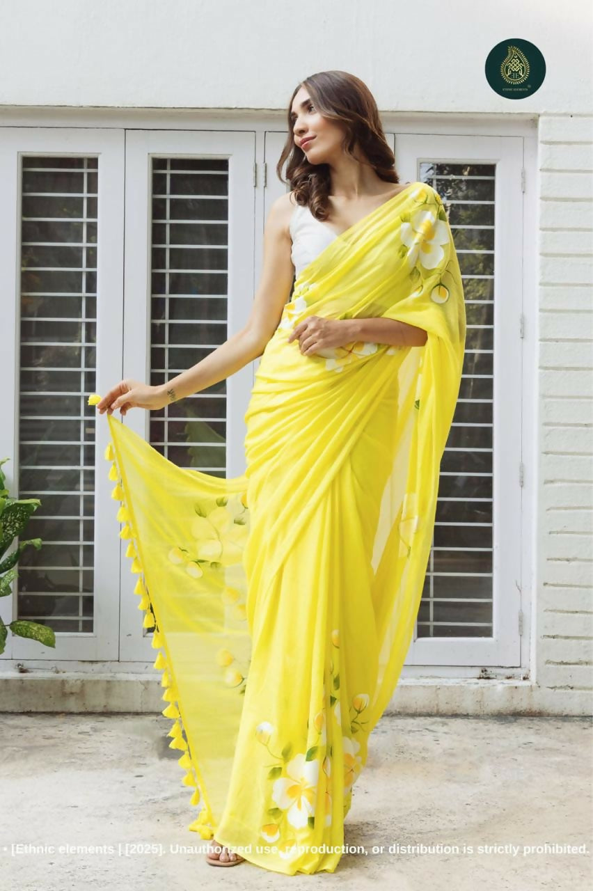 Exclusive Collection Beautiful Yellow Pure Cotton Hand Print Handloom Saree With Running Blouse Piece
