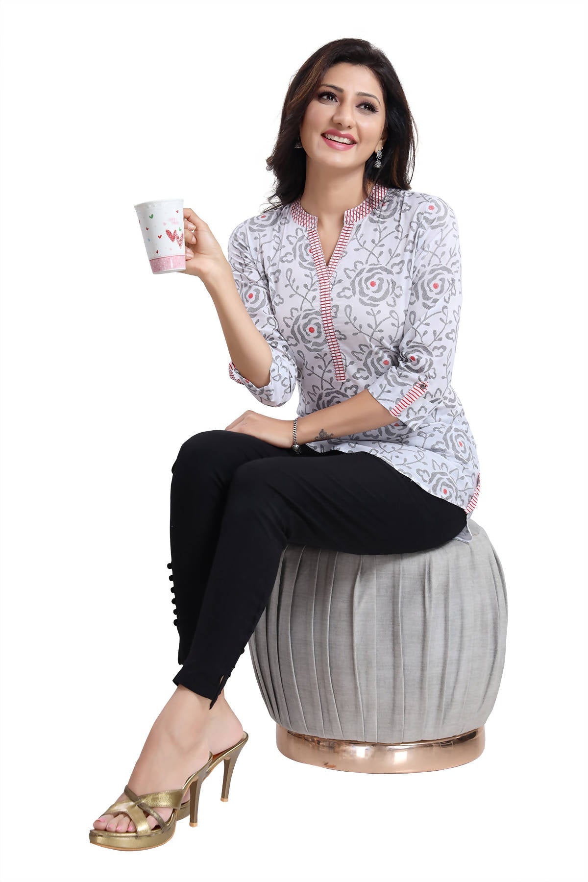 Snehal Creations Vibrant Vigour White Cotton Printed Short Tunic Top