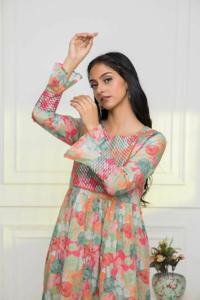 Myshka Women Multi Floral Rayon A-Line Round Neck Dress