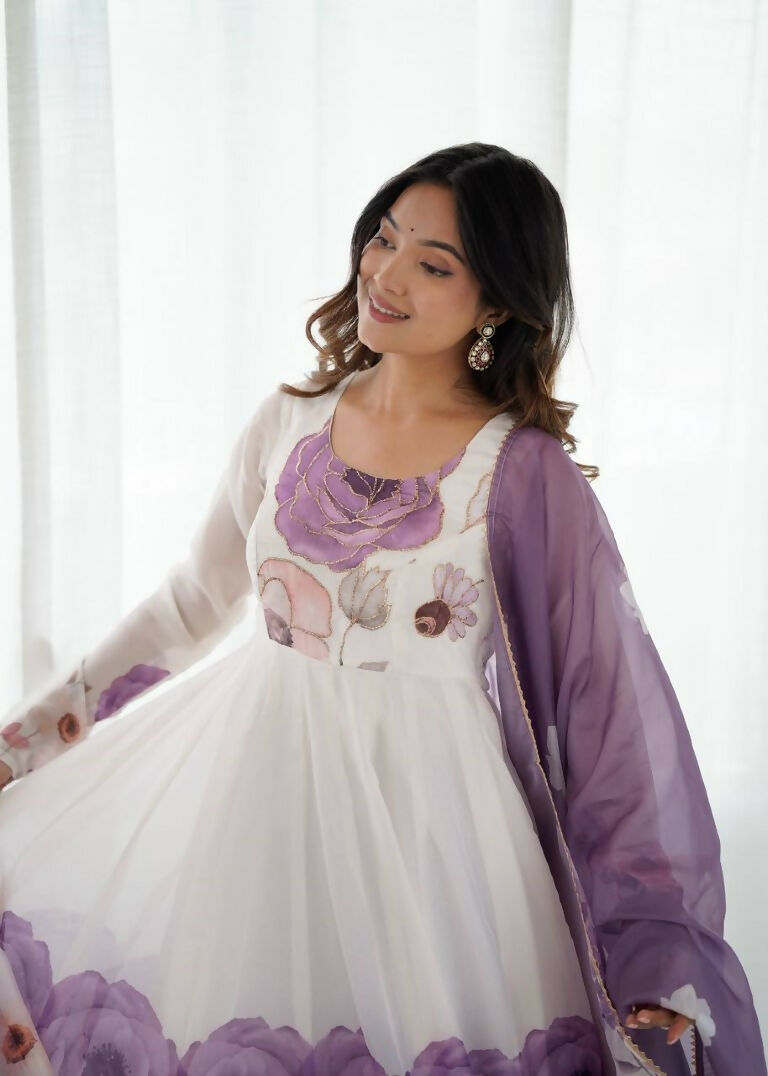 Teeya Creation Violet Color Soft organza Silk Digital Print Party Wear Gown