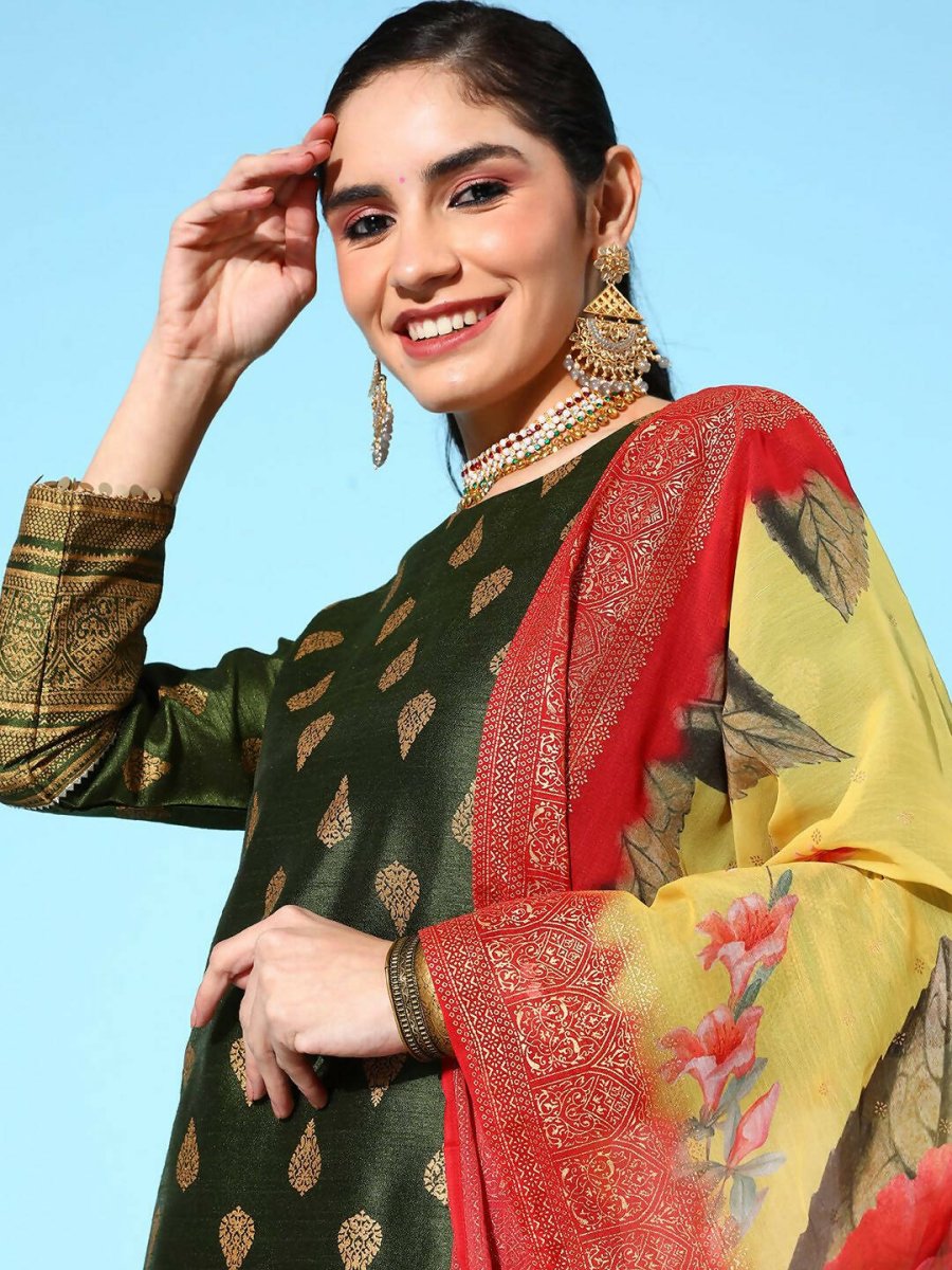 Ahalyaa Women's Olive Colour Poly Silk Gold Printed Kurta Pant Set With Dupatta
