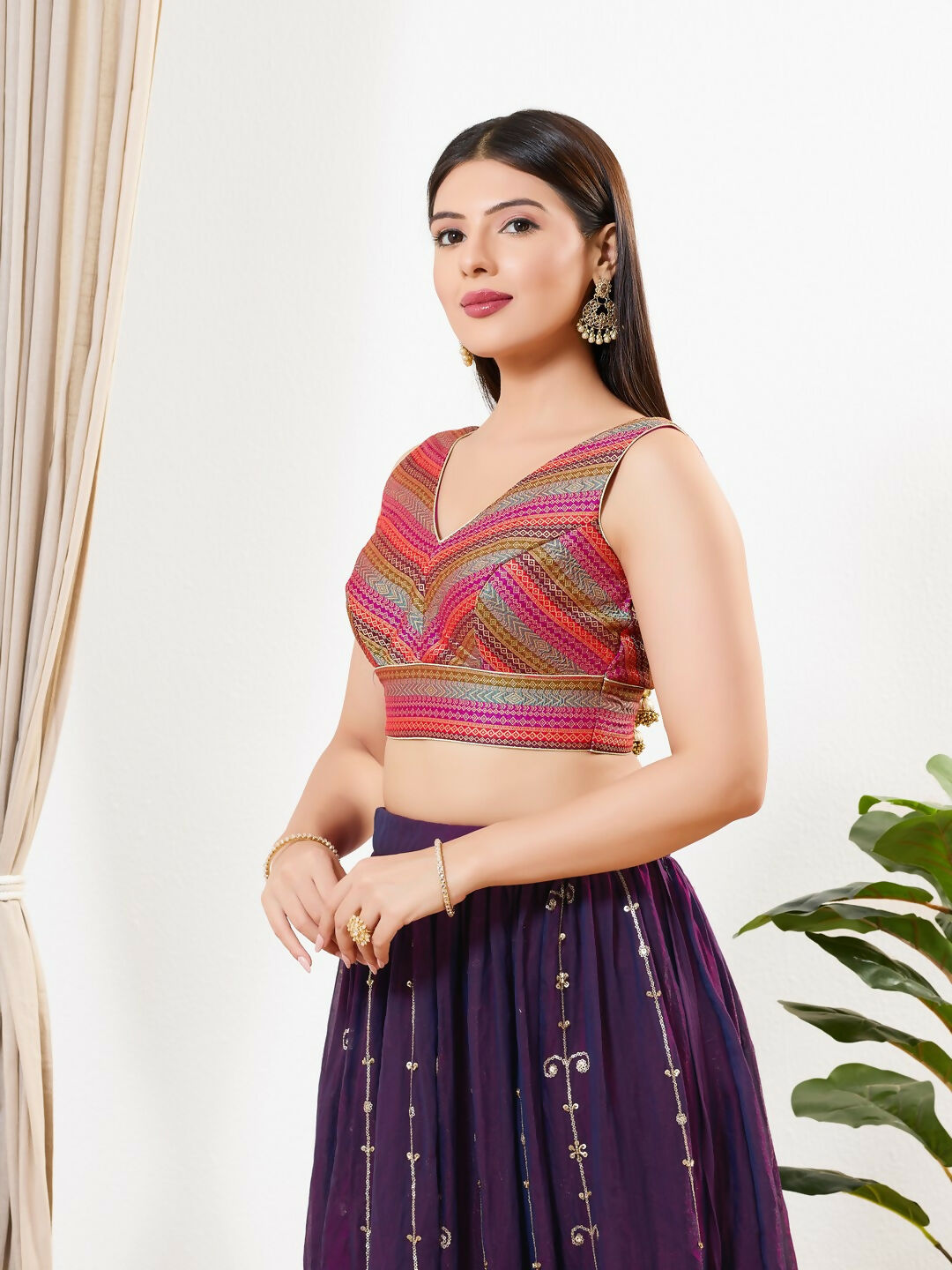 Joban Fashion Magenta Multi Brocade Padded Blouse With V Neck Sleeveless