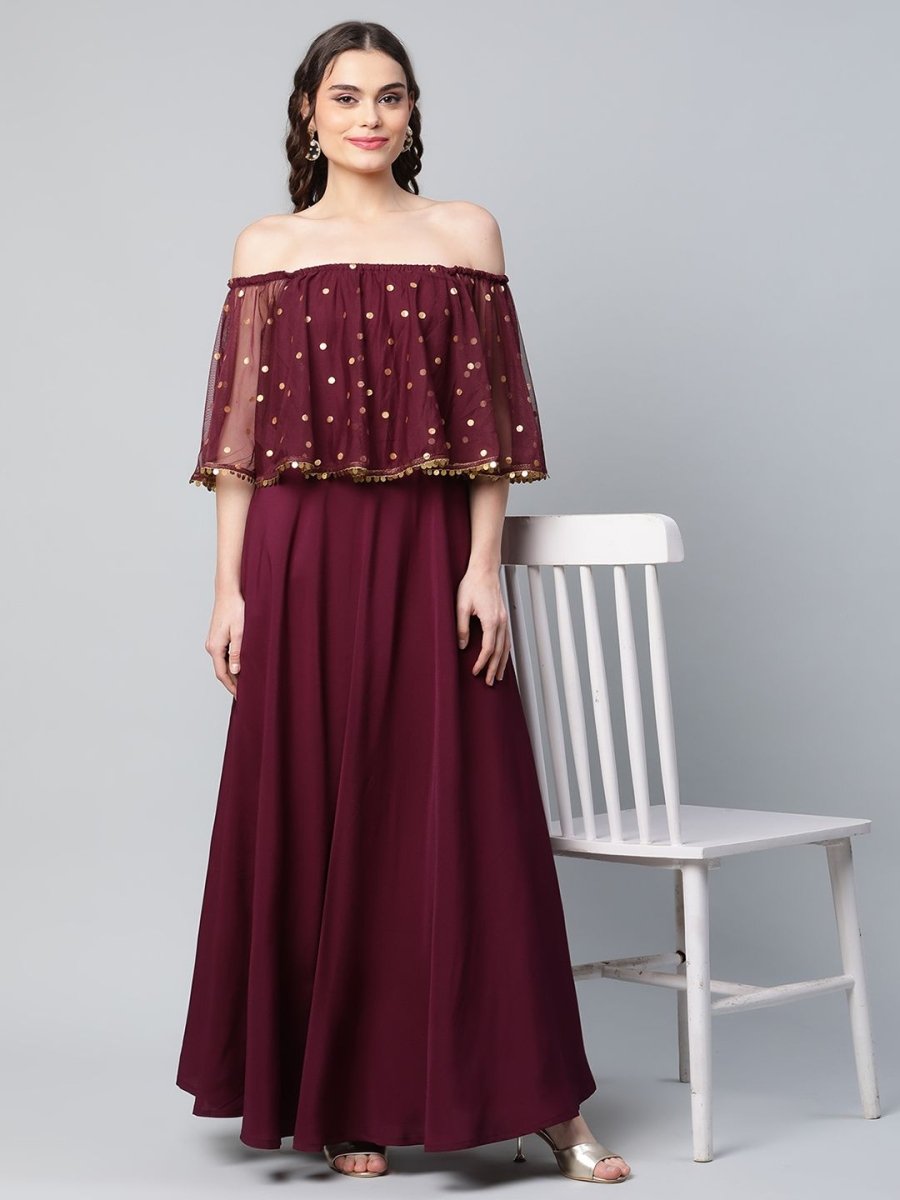 Ahalyaa Women Wine Colour Crepe & Net Gold Printed Dress