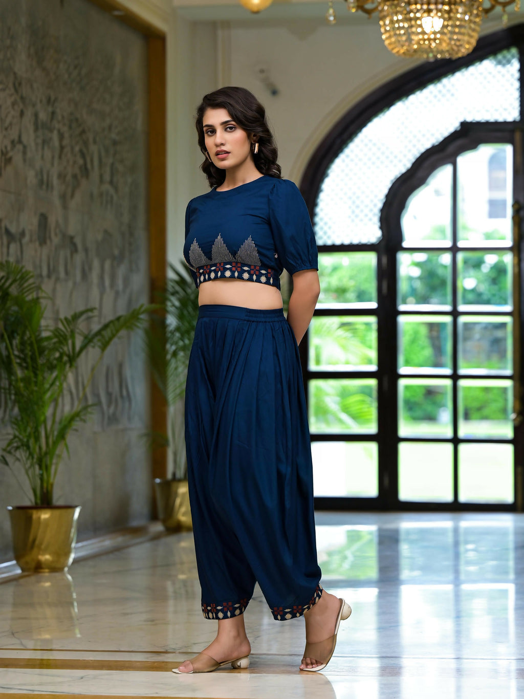 Juniper Women's Navy Thread Embroidered Rayon Top & Dhoti Pant Set