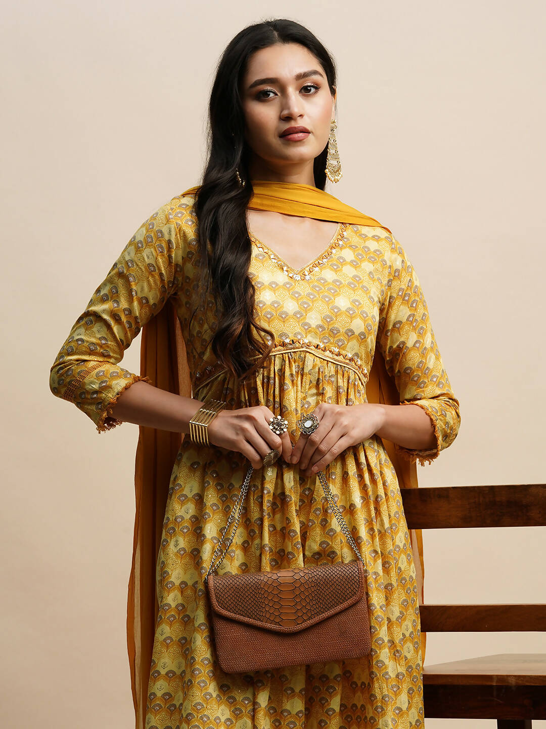 Mustard Pure Cotton Floral Printed Naira Cut Kurta And Bottom With Dupatta - Akashara