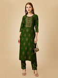Jyoti Fashion Women's Green Viscose Rayon Embroidered Kurta Pant Set