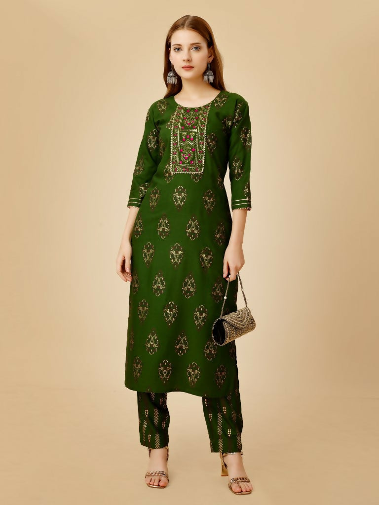 Jyoti Fashion Women's Green Viscose Rayon Embroidered Kurta Pant Set