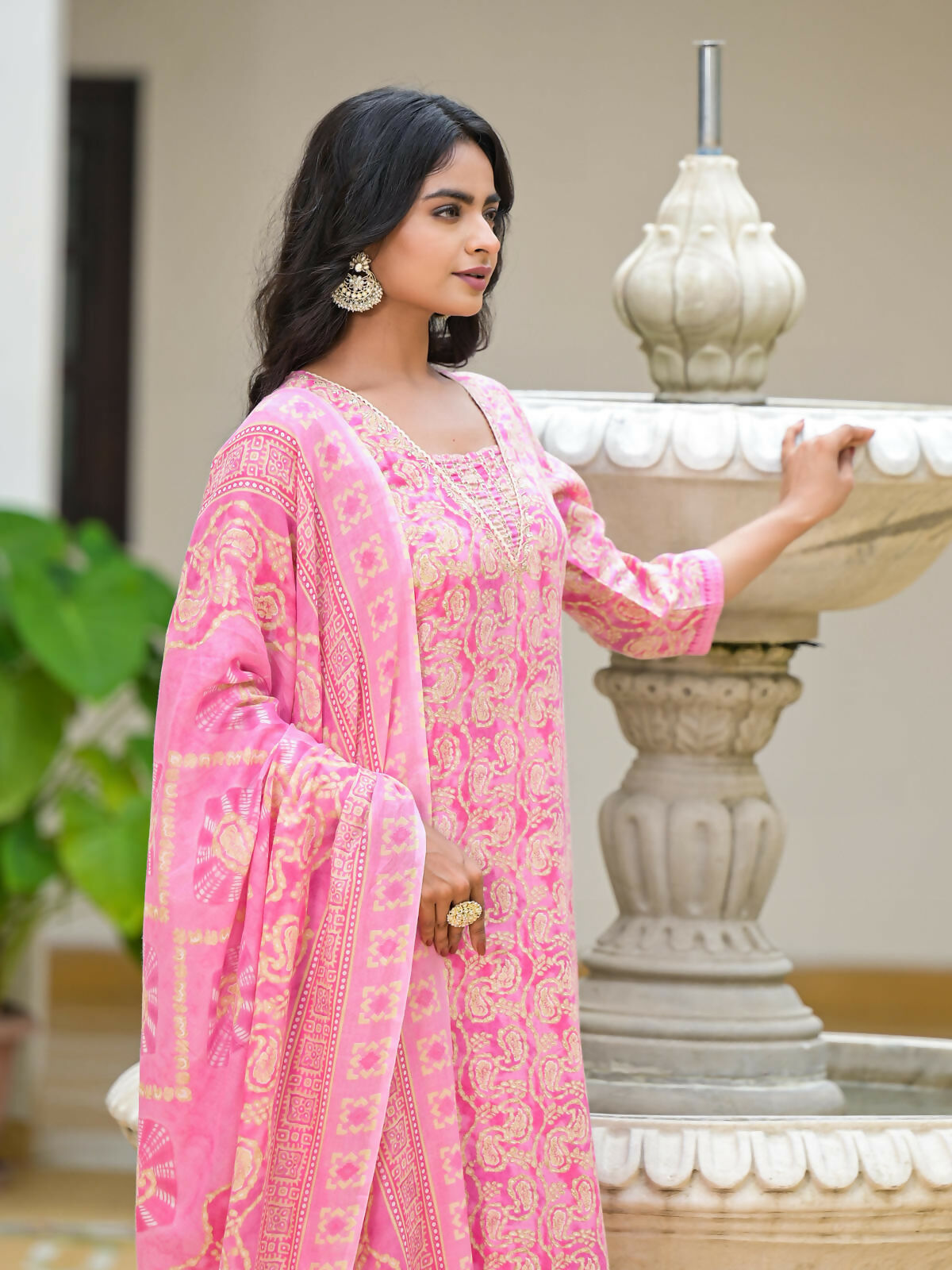 Juniper Women's Pink Ethnic Motif Printed Cotton Kurta Pant With Dupatta Set With Sequins & Lace
