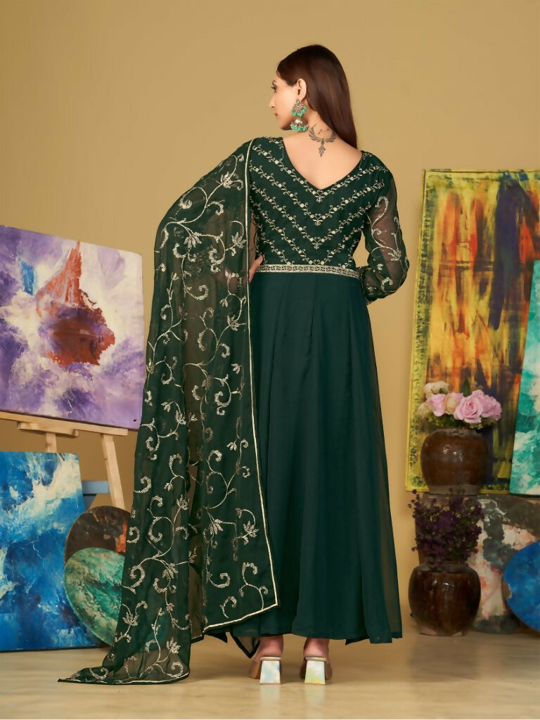 Jyoti Fashion Women's Bottle Green Georgette Embroidered Anarkali Kurta Pant Set With Dupatta