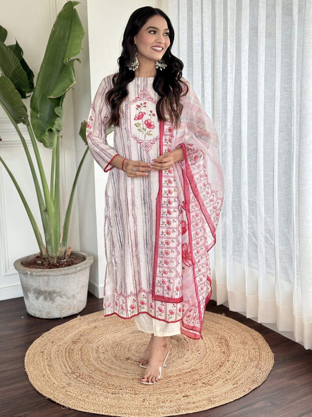 White Multi Viscose Chanderi Stitched Suit With Dupatta - Tanisha