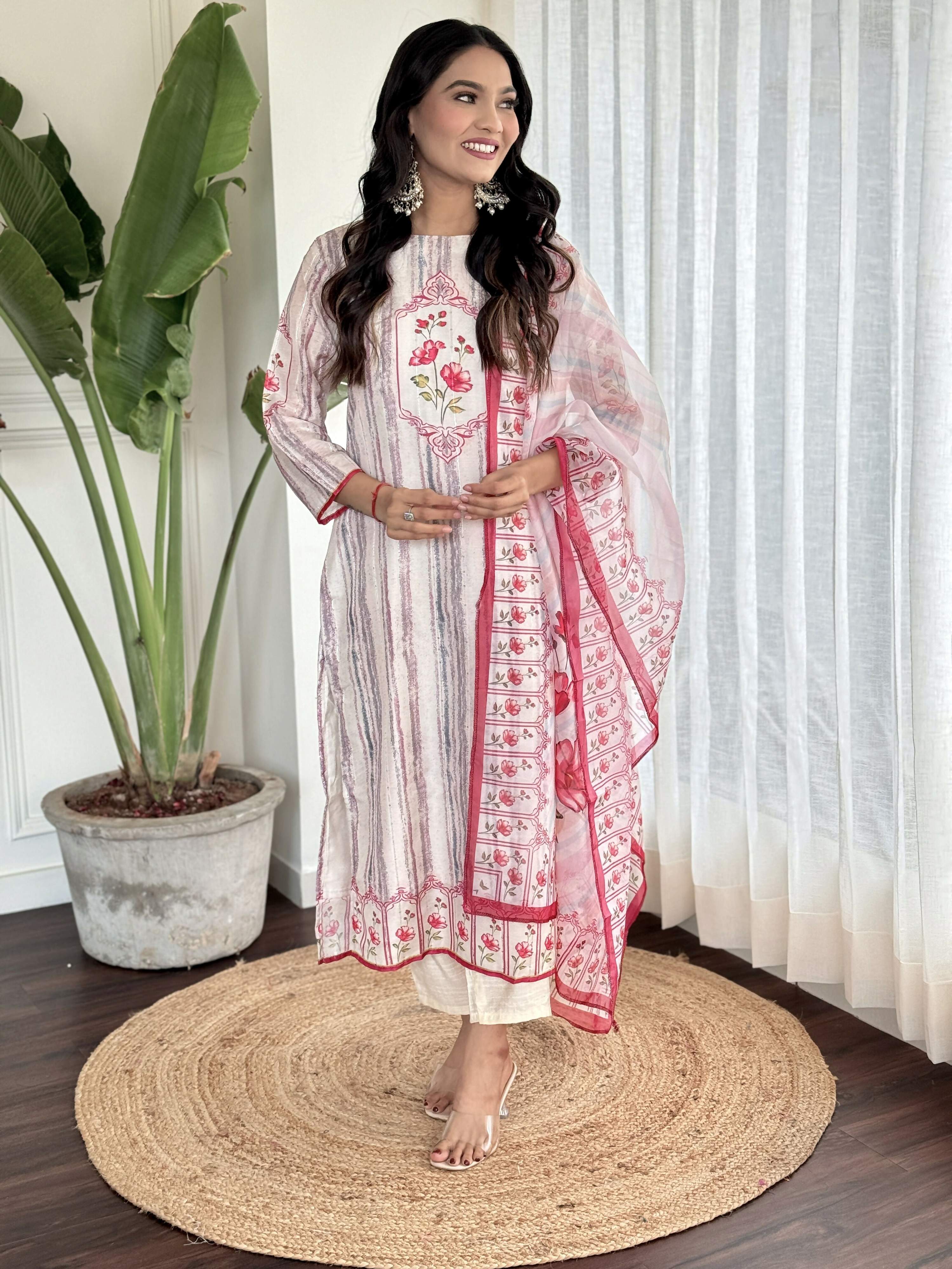 White Multi Viscose Chanderi Stitched Suit With Dupatta - Tanisha