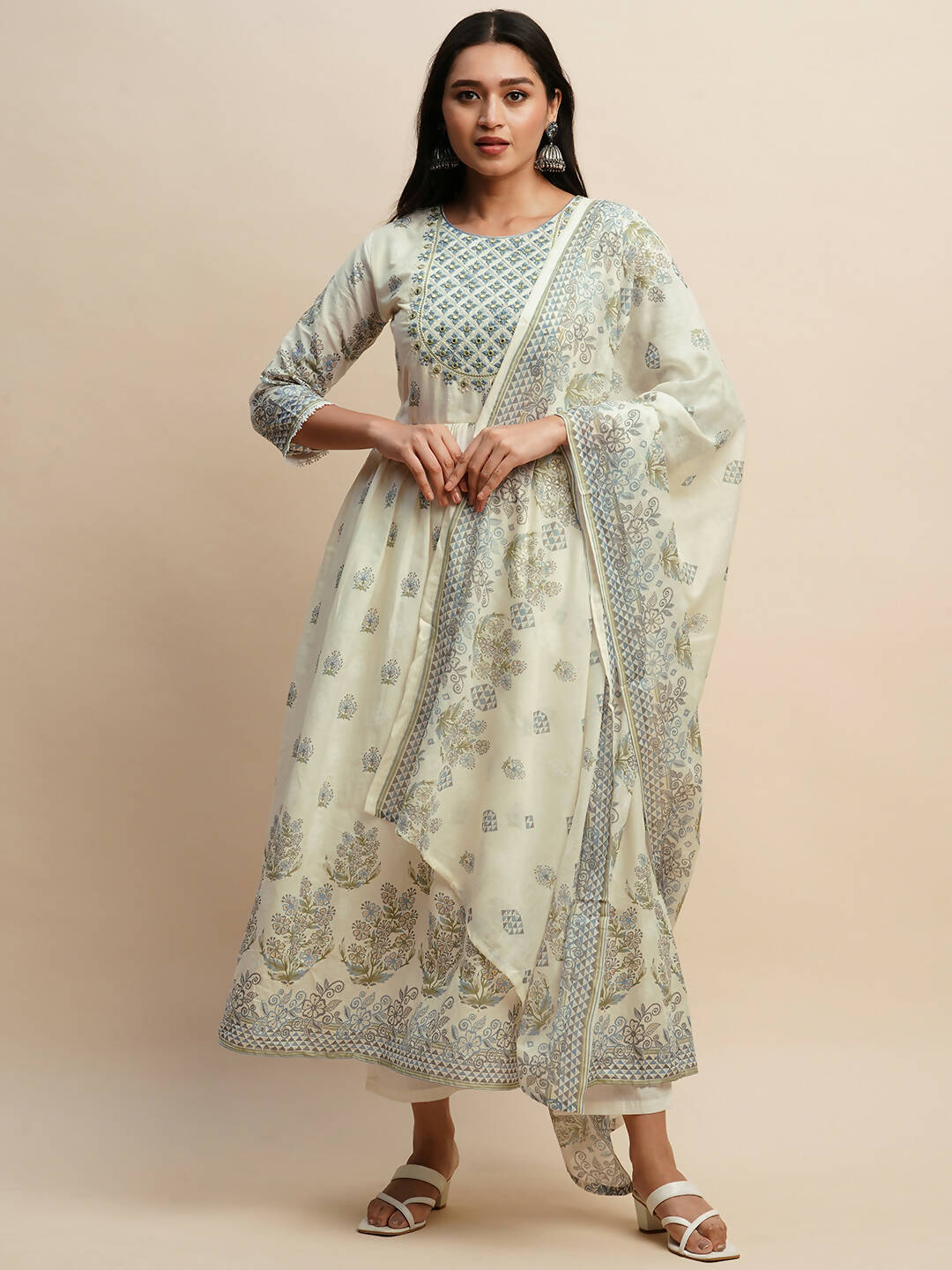 White And Blue Pure Cotton Floral Printed Anarkali Kurta And Bottom With Dupatta - Akashara