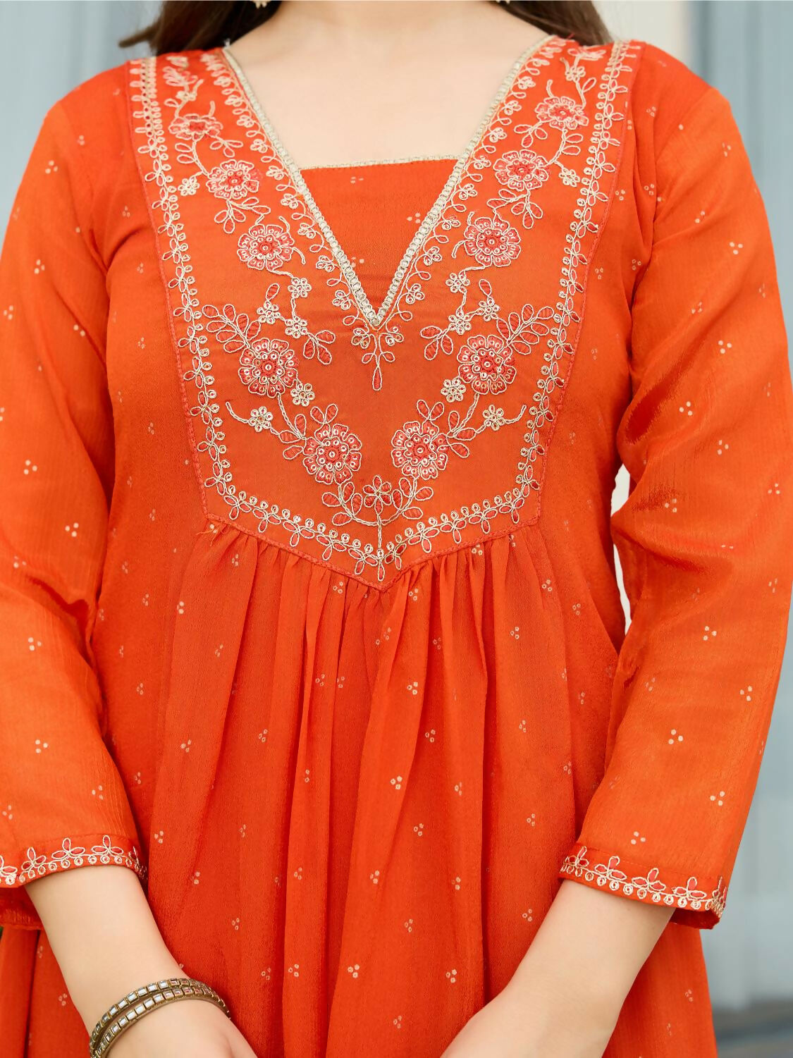 The52 Orange Women's Gorgeous Embroidered Chinon Fabric Flared Kurta Pant and Dupatta Set