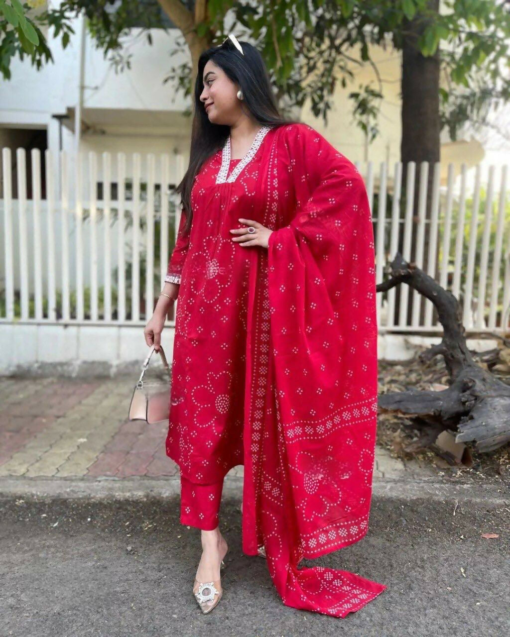 The52 Red Women's Beautiful Rayon Fabric Printed Work Straight Kurta Pant and Dupatta Set